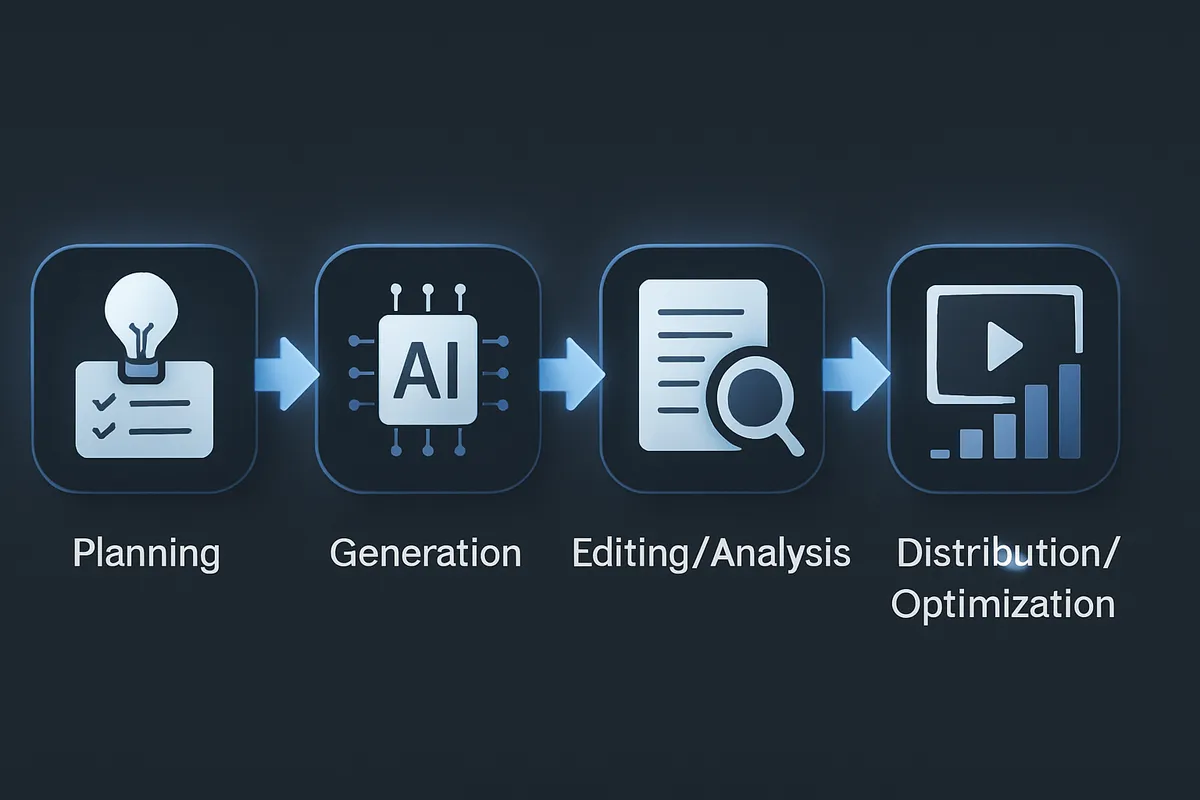 AI 콘텐츠 제작의 4단계 워크플로우를 보여주는 다이어그램: 기획, 생성, 편집/분석, 배포/최적화