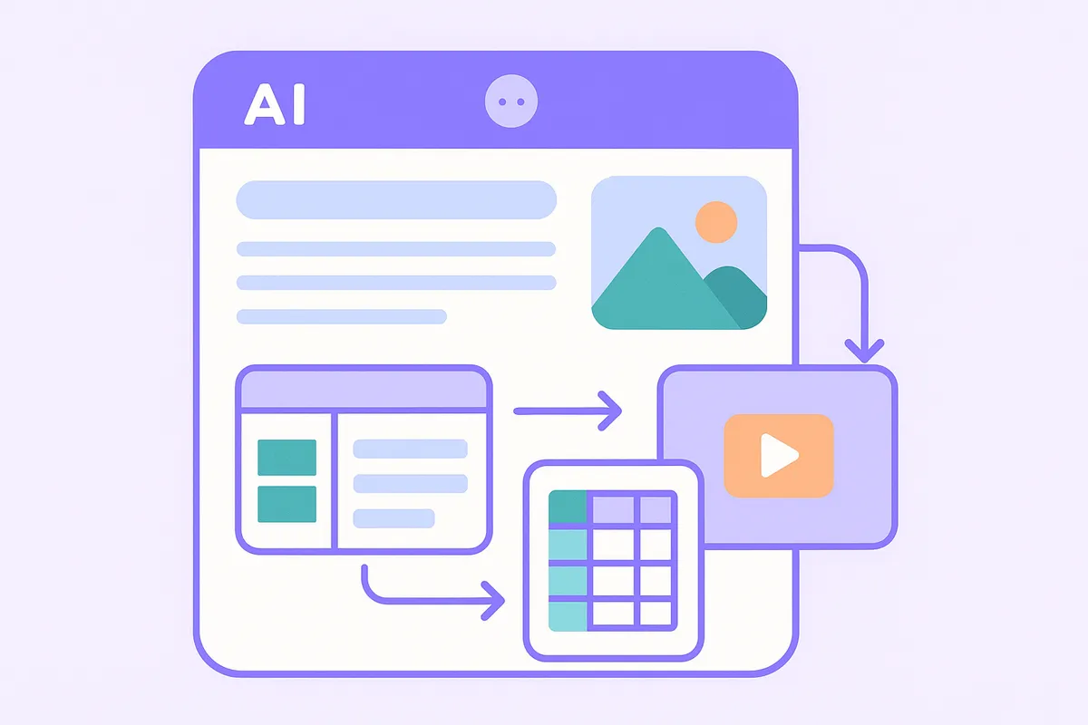텍스트, 이미지, 표, 영상 등 다양한 정보가 통합된 AI 검색 결과 화면을 나타내는 일러스트