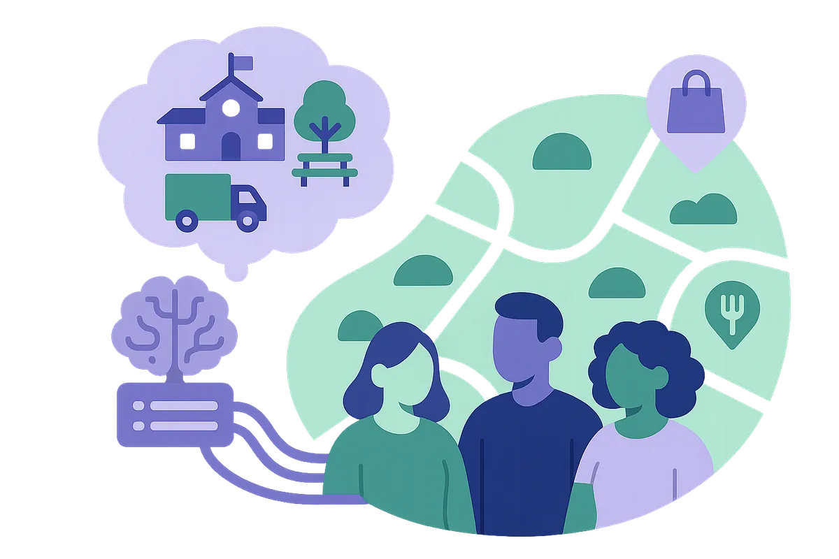 AI가 복잡한 이사 관련 질문에 답하며 지역 고객에게 로컬 비즈니스를 연결하는 개념도