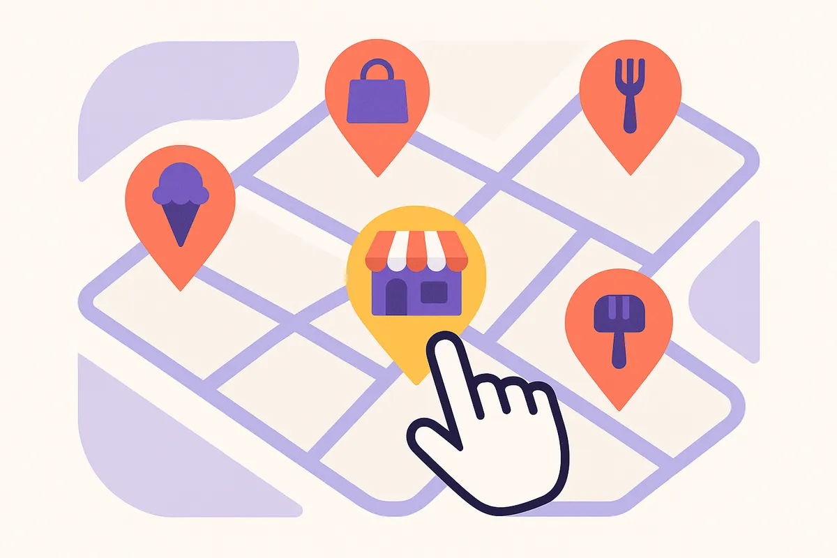 AI가 지역 특화 정보를 기반으로 지역 상점을 추천하는 모습의 일러스트