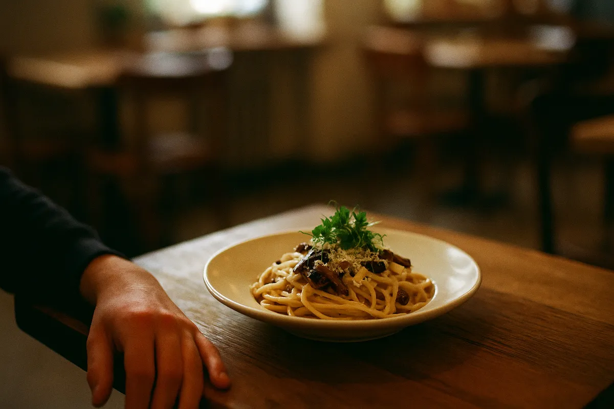 먹음직스럽게 플레이팅된 파스타 요리 사진
