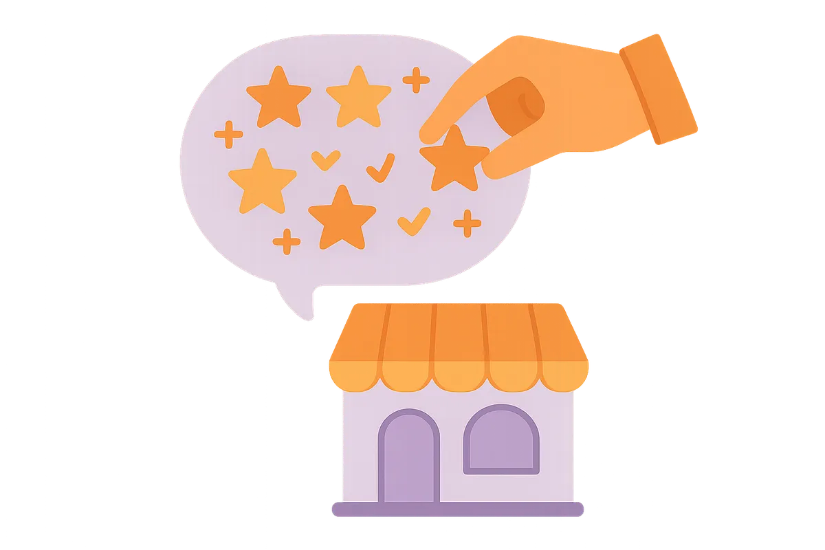 별점과 긍정적인 피드백 심볼이 가득한 말풍선이 가게 위에 떠 있는 일러스트