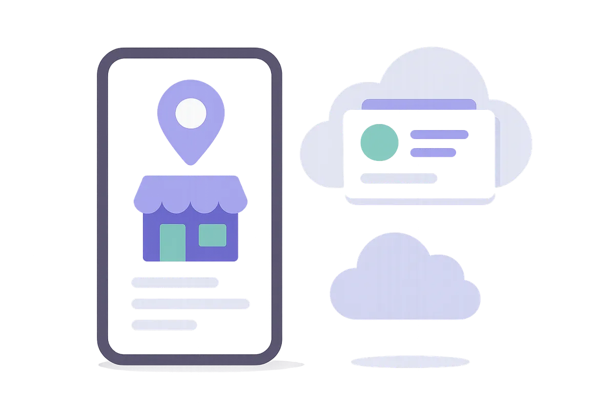 스마트폰 화면에 표시된 지역 비즈니스 프로필과 디지털 명함들이 떠다니는 모습의 일러스트
