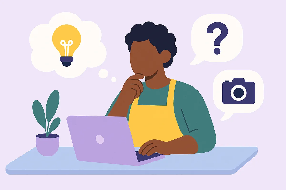 노트북을 보며 고유한 이야기와 사진, 고객 질문을 바탕으로 진정성 있는 콘텐츠를 만드는 작은 가게 주인 일러스트