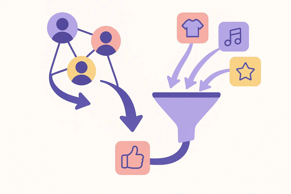 협업 필터링과 콘텐츠 기반 필터링이 결합된 하이브리드 추천 시스템 개념도