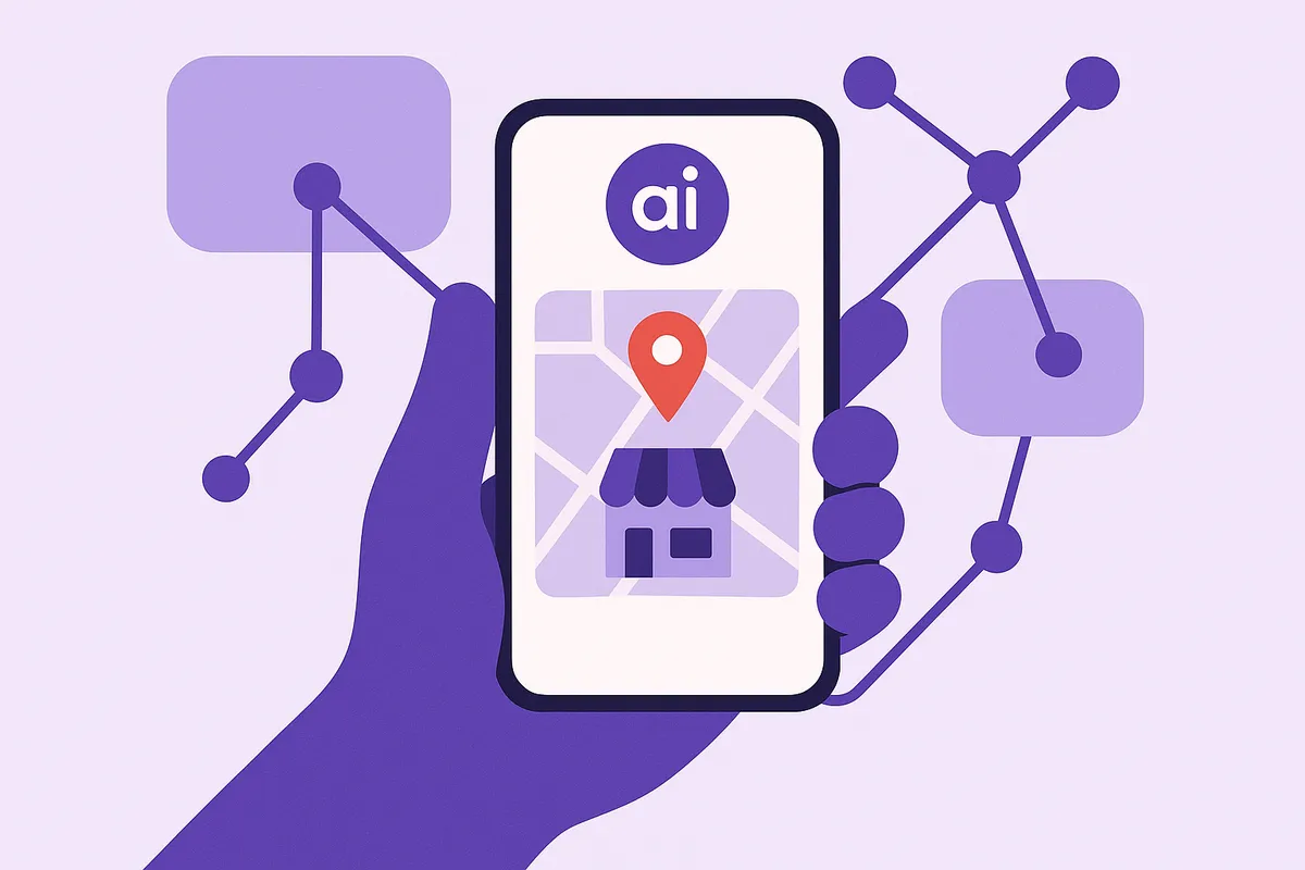 스마트폰 AI 비서가 위치 데이터를 활용하여 가게를 추천하는 일러스트