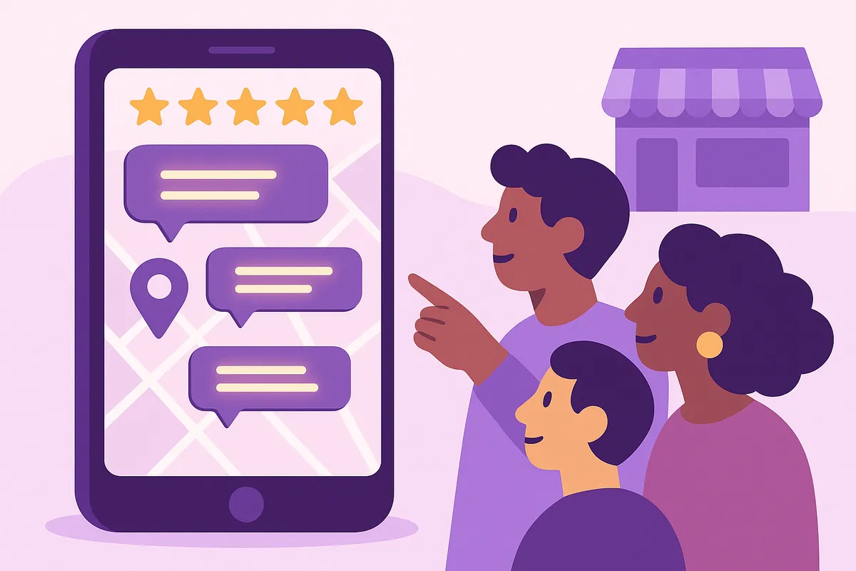 스마트폰 지도 앱의 긍정적인 리뷰를 보고 가게 방문을 결정하는 사람들의 일러스트