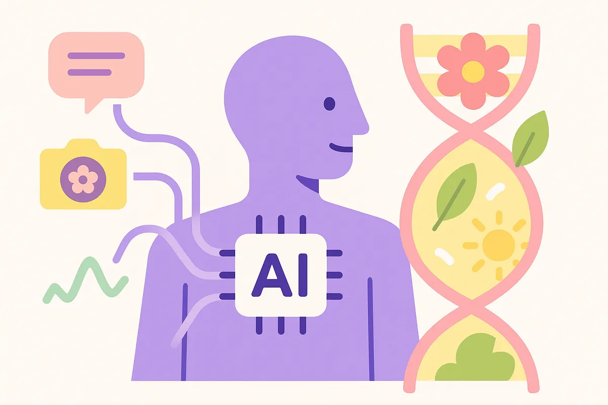 AI가 텍스트, 이미지, 시계열 데이터를 분석하여 장소의 봄 관련 특징을 찾아내는 일러스트