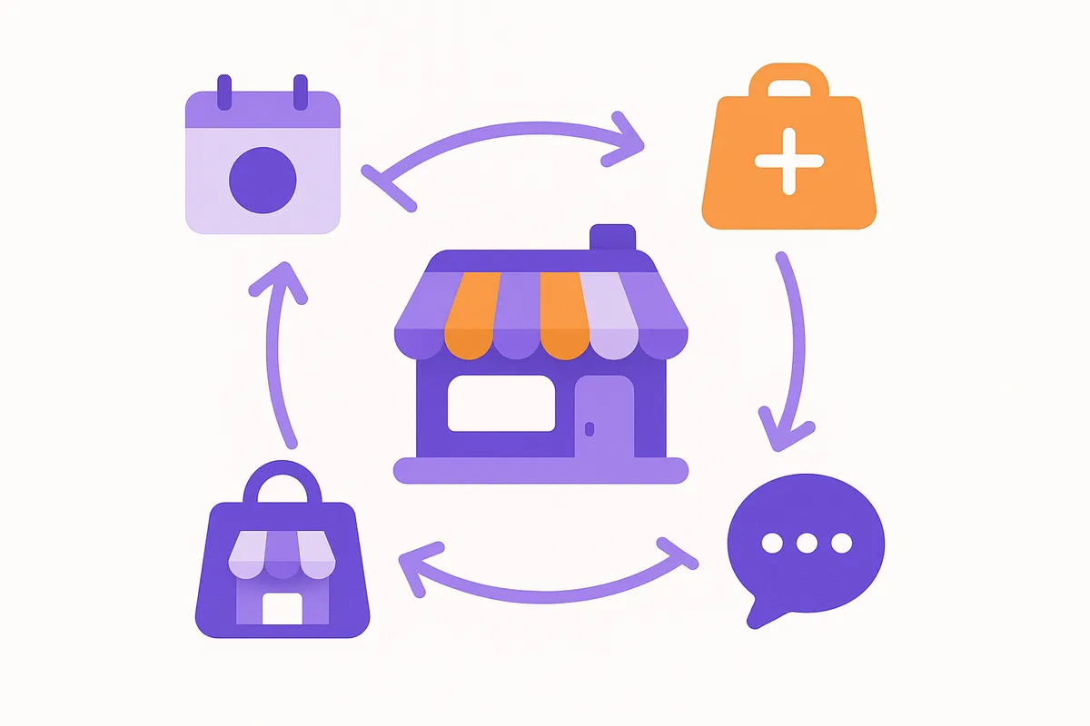 중앙의 가게를 중심으로 네이버 예약, 주문, 스마트스토어, 톡톡 등 다양한 네이버 서비스들이 연결된 일러스트