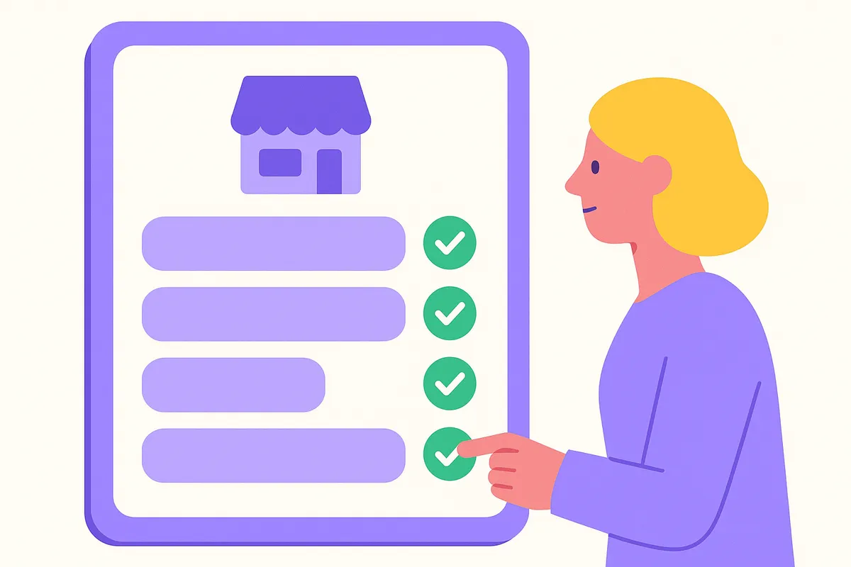 가게의 이름, 주소, 영업시간 등 기본 정보를 정확하게 입력하는 디지털 명함 화면 일러스트