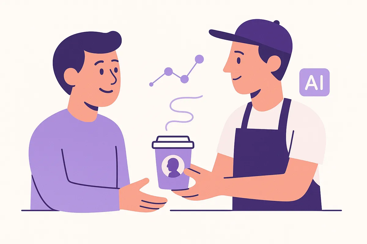 바리스타가 고객의 선호도를 AI 데이터로 파악하여 맞춤형 커피를 제공하는 모습의 일러스트.