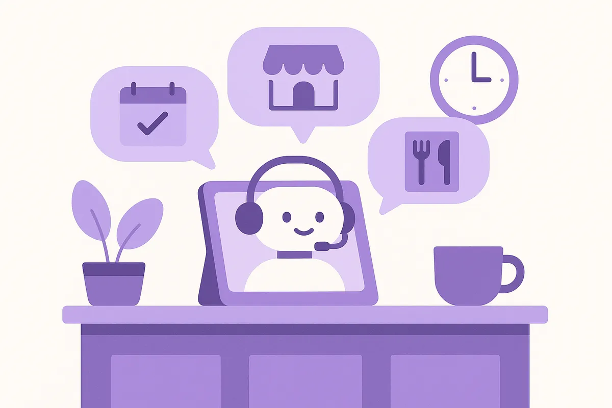 AI 챗봇이 가게의 고객 문의와 예약을 24시간 자동 응대하는 모습을 나타내는 일러스트.