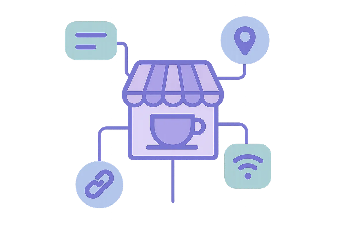 중앙의 카페 엔티티 아이콘을 중심으로 이름, 유형, 위치, 특징, 관계 등 다양한 속성들이 선으로 연결된 현대적인 일러스트레이션