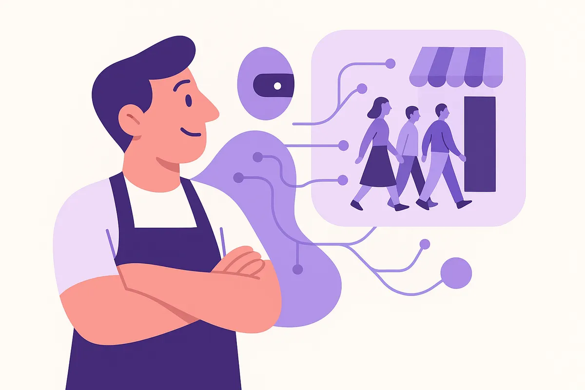 AI가 고객 유입을 돕는 것을 보여주는 소상공인 일러스트