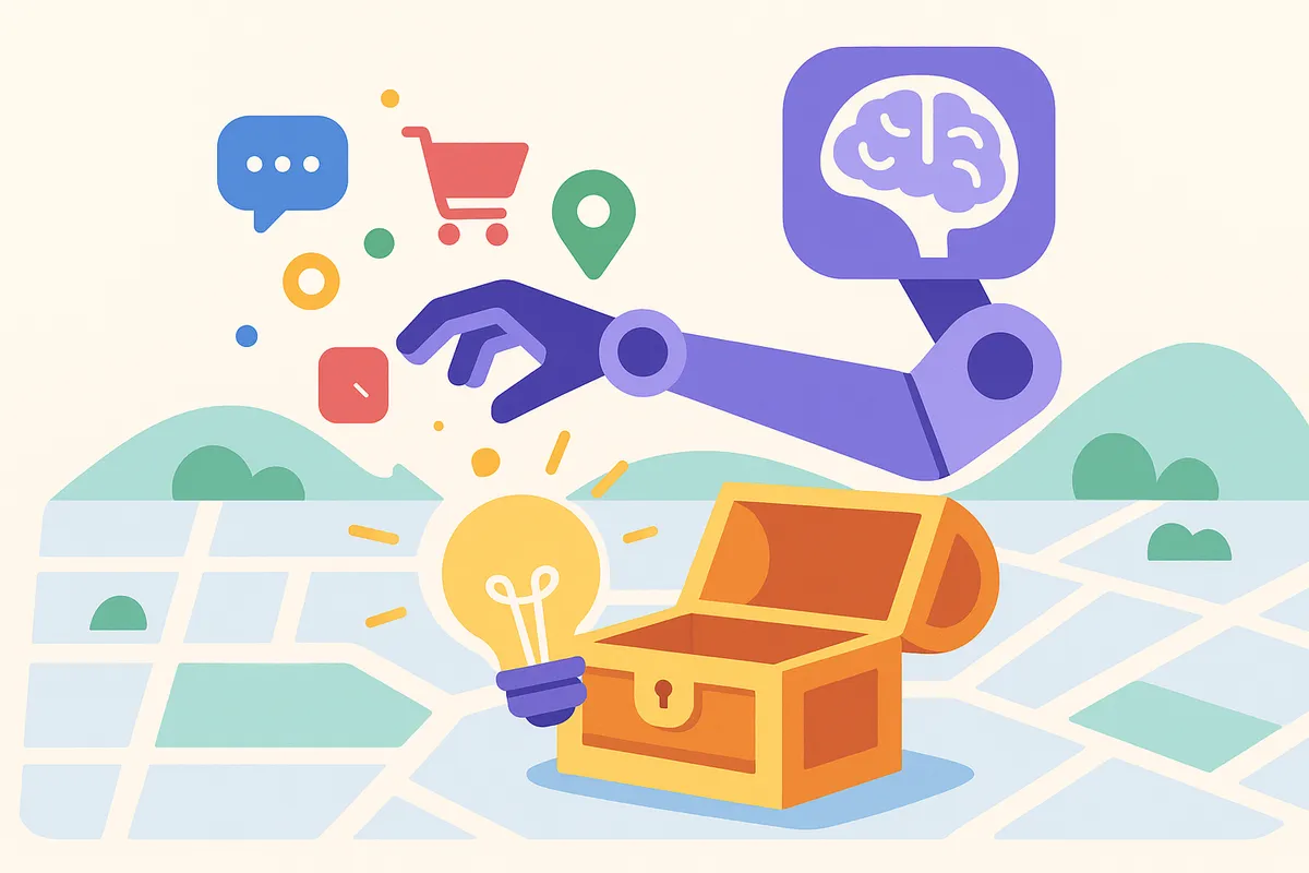 AI가 고객 데이터를 분석하여 숨겨진 니즈와 통찰을 발견하는 과정을 보여주는 일러스트