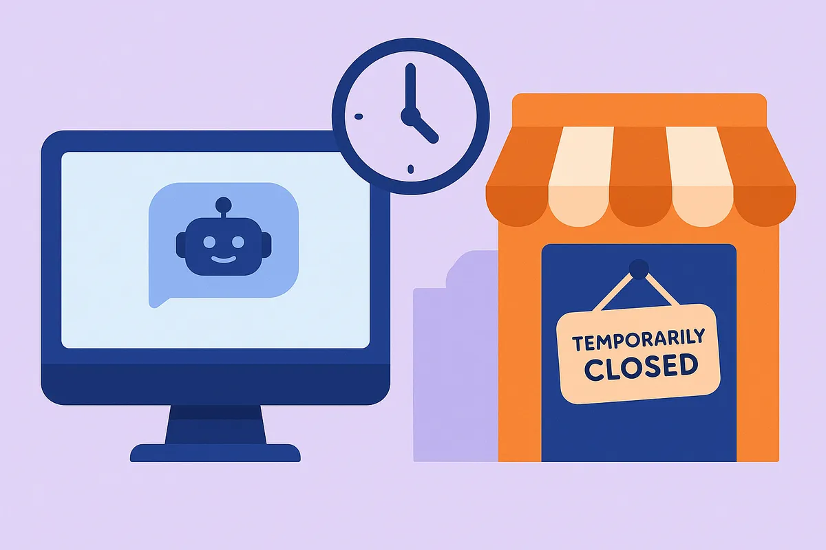 AI가 '오후 10시까지 영업'이라고 알려줬지만 실제 가게는 '임시 휴무' 안내문을 붙인 장면을 대비하여 보여주는 일러스트. 정보의 시차를 상징.