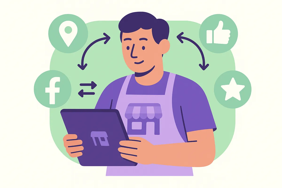 태블릿으로 가게 정보를 관리하는 비즈니스 오너의 일러스트. 여러 온라인 플랫폼 아이콘이 주변에 떠 있어 통합 관리의 중요성을 보여줌.