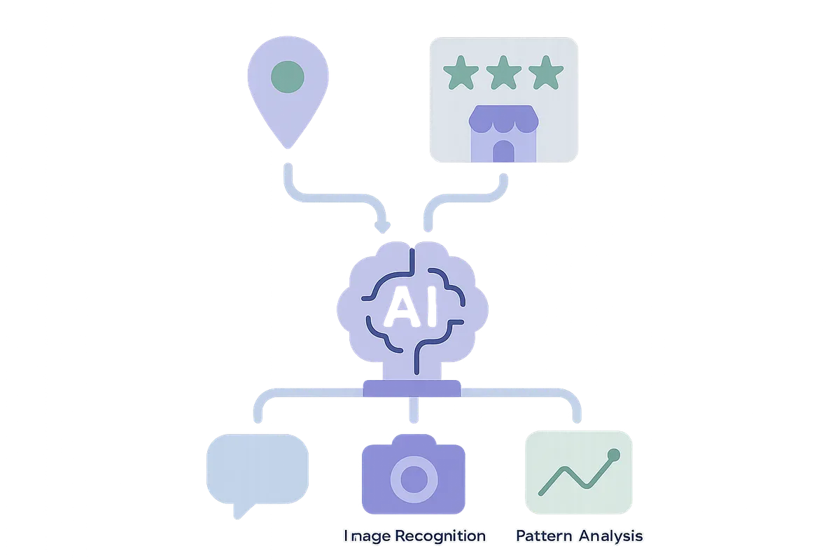 여러 온라인 플랫폼에서 수집된 가게 데이터를 AI가 자연어 처리, 이미지 인식, 패턴 분석을 통해 분석하는 과정을 보여주는 일러스트