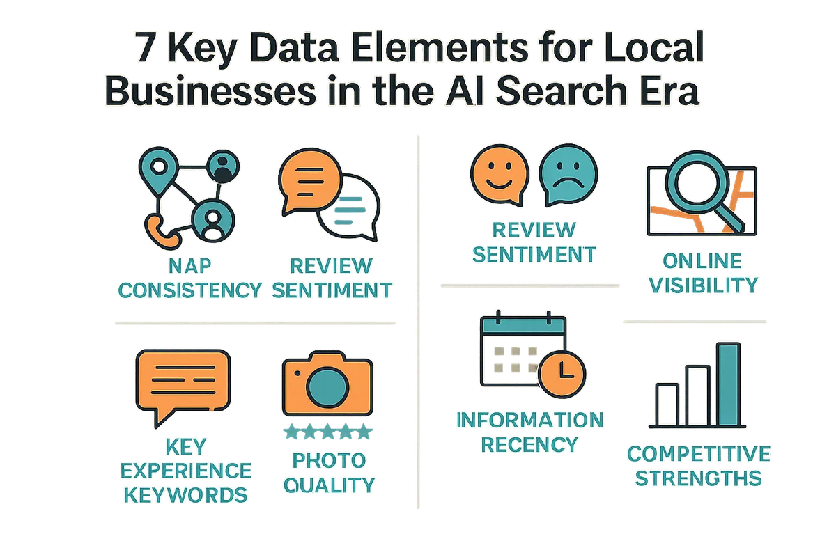 AI 검색 시대 지역 가게를 위한 7가지 핵심 관리 요소를 상징하는 아이콘과 함께 구성된 인포그래픽