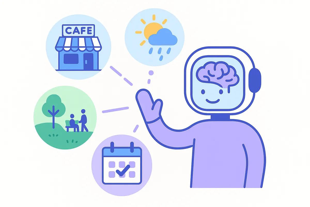 지역 상권 정보와 고객 특성을 이해하여 맞춤형 제안을 하는 스마트한 지역 특화 AI를 나타내는 일러스트