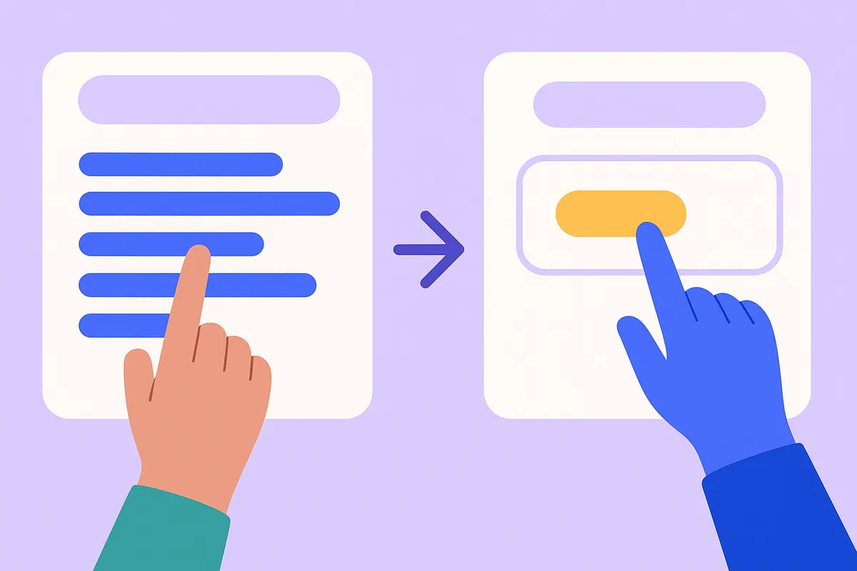 사용자가 여러 검색 링크 대신 AI가 제공하는 단 하나의 답변을 신뢰하게 되는 변화를 보여주는 일러스트. 한쪽에서는 링크 목록을 스크롤하고, 다른 쪽에서는 AI의 요약된 답변을 확인하는 모습으로 대비를 이룬다.