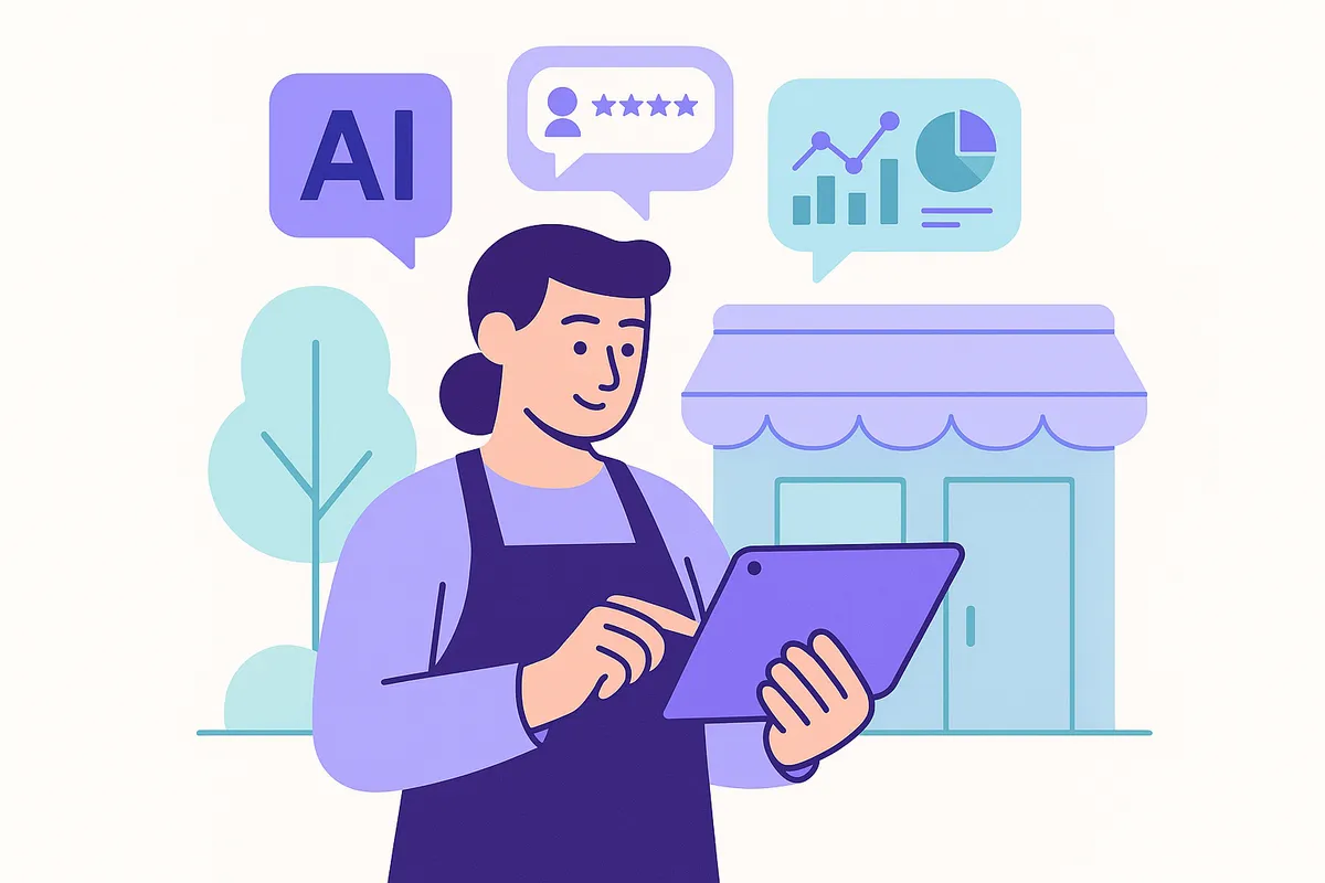 AI 도구를 활용하여 고객 리뷰를 관리하고 성과를 분석하는 소상공인 일러스트