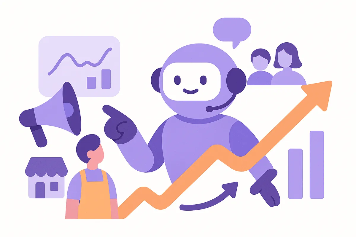 AI 챗봇이 작은 가게 주인을 돕는 모습의 일러스트