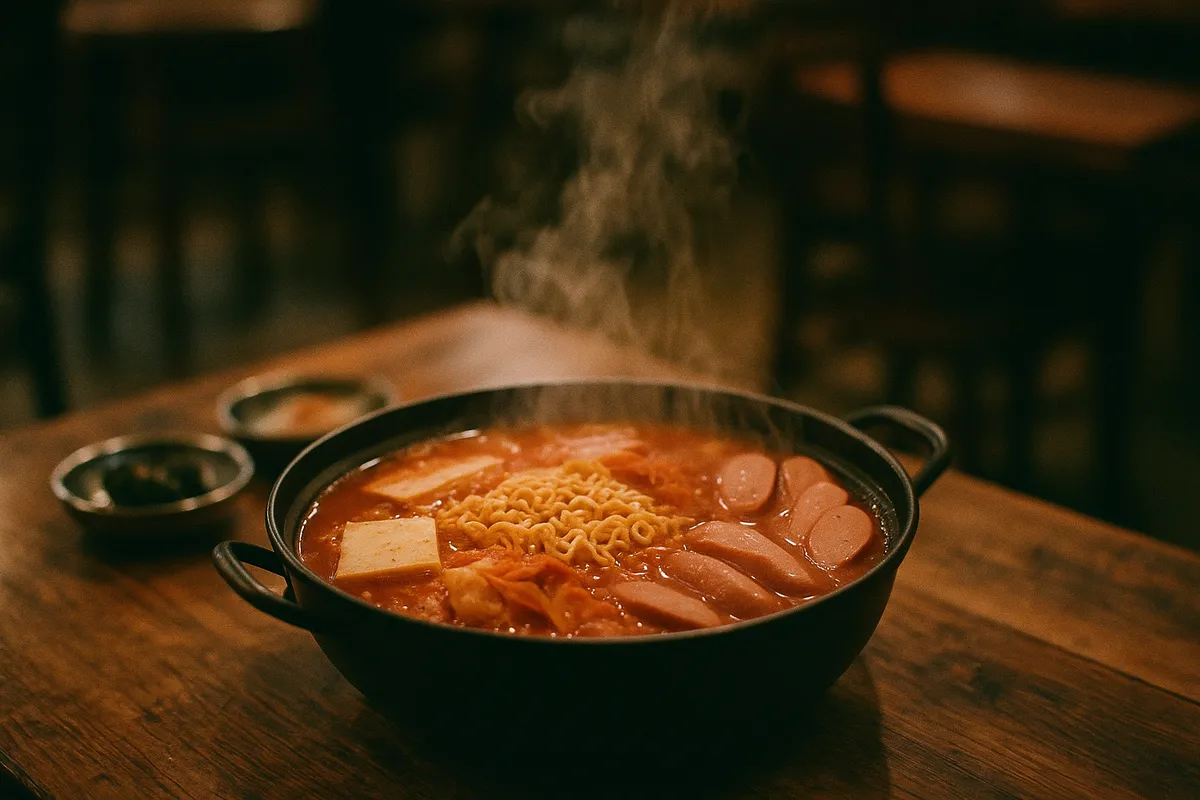 김이 모락모락 나는 먹음직스러운 부대찌개 한 그릇의 클로즈업 사진