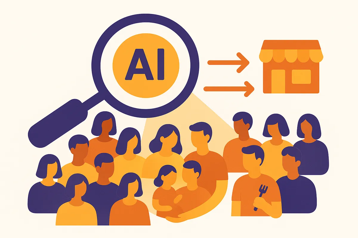 AI가 잠재 고객을 정교하게 타겟팅하여 지역 상점으로 안내하는 모습의 일러스트