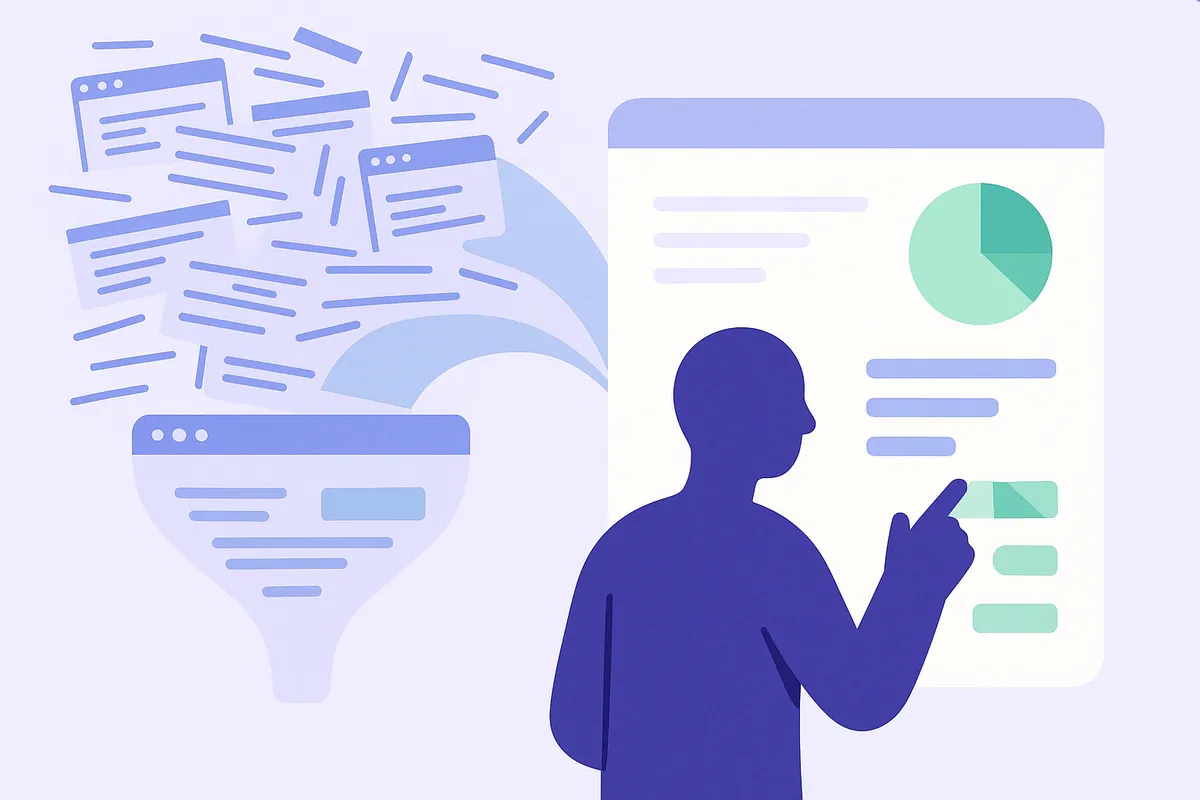 무질서한 정보에서 AI가 깔끔하게 정리된 맞춤형 보고서를 제공하는 모습