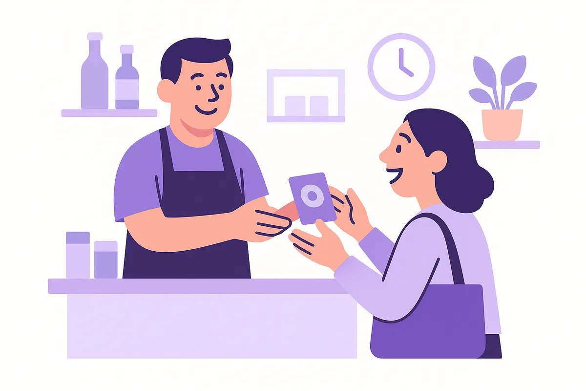 AI로 개인화된 추천을 받는 고객과 친근하게 소통하는 가게 주인의 모습