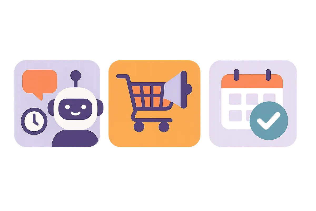 고객 서비스 자동화, 맞춤 추천 및 마케팅, 예약 및 주문 처리의 세 가지 AI 챗봇 유형을 각각 상징하는 아이콘과 함께 보여주는 일러스트