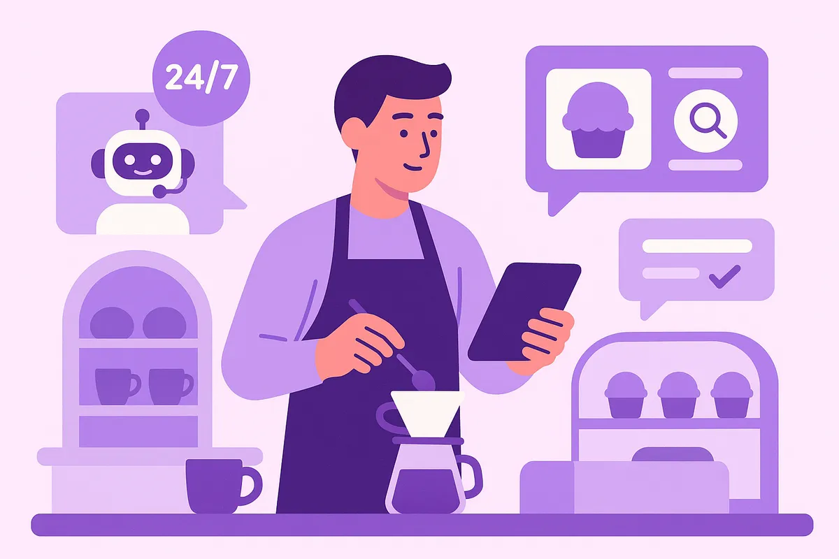 작은 가게에서 AI 챗봇이 24시간 고객 문의 응대, 추천 및 주문을 처리하여 바쁜 사장님의 업무 부담을 덜어주는 모습을 보여주는 일러스트