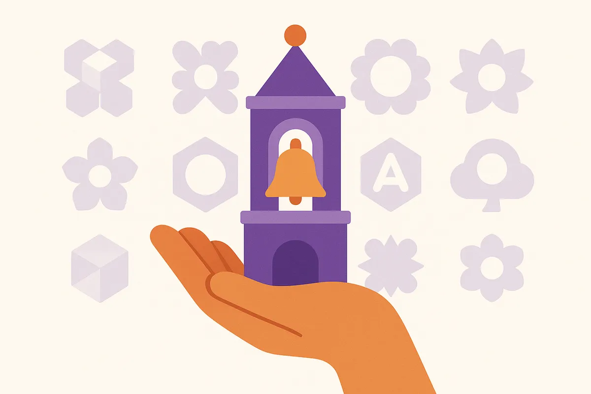 사람의 손이 지역의 독특한 상징물을 잡고 있는 일러스트레이션으로, 지역 정체성과 독창적 스토리텔링의 중요성을 나타냄. 배경에는 AI 생성 콘텐츠의 반복적이고 일반적인 특성을 암시하는 패턴이 희미하게 보임.