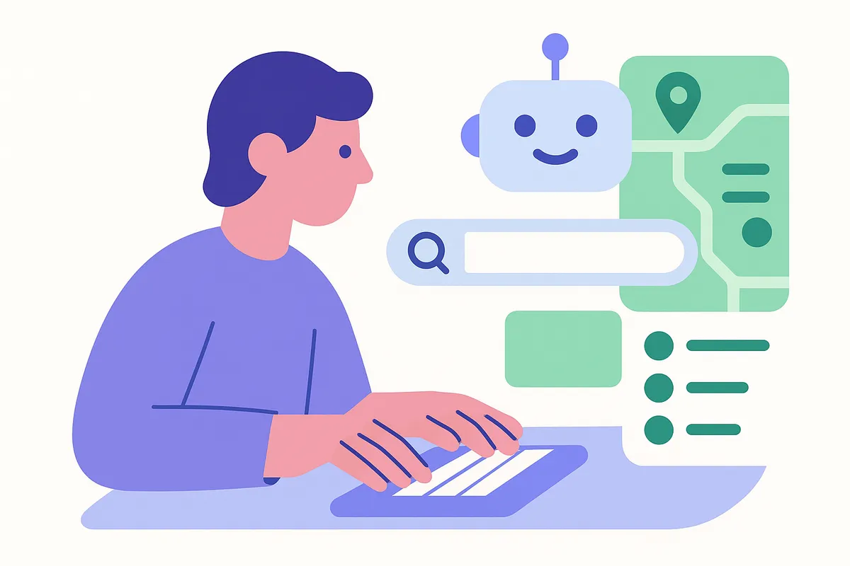 사용자가 복잡한 질문을 AI 검색 엔진에 입력하고 AI가 최적화된 로컬 비즈니스 정보를 제공하는 일러스트
