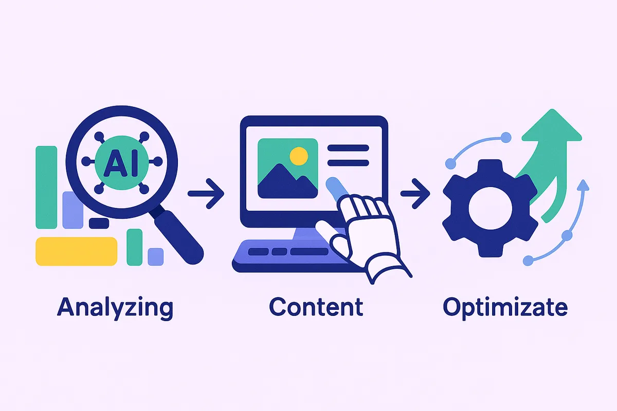 AI 기반의 데이터 분석, 콘텐츠 생성, 최적화 3단계 전략을 나타내는 일러스트