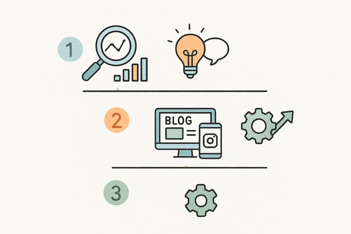 데이터 분석, 키워드 발굴, 콘텐츠 제작, 최적화의 4단계 과정을 보여주는 인포그래픽