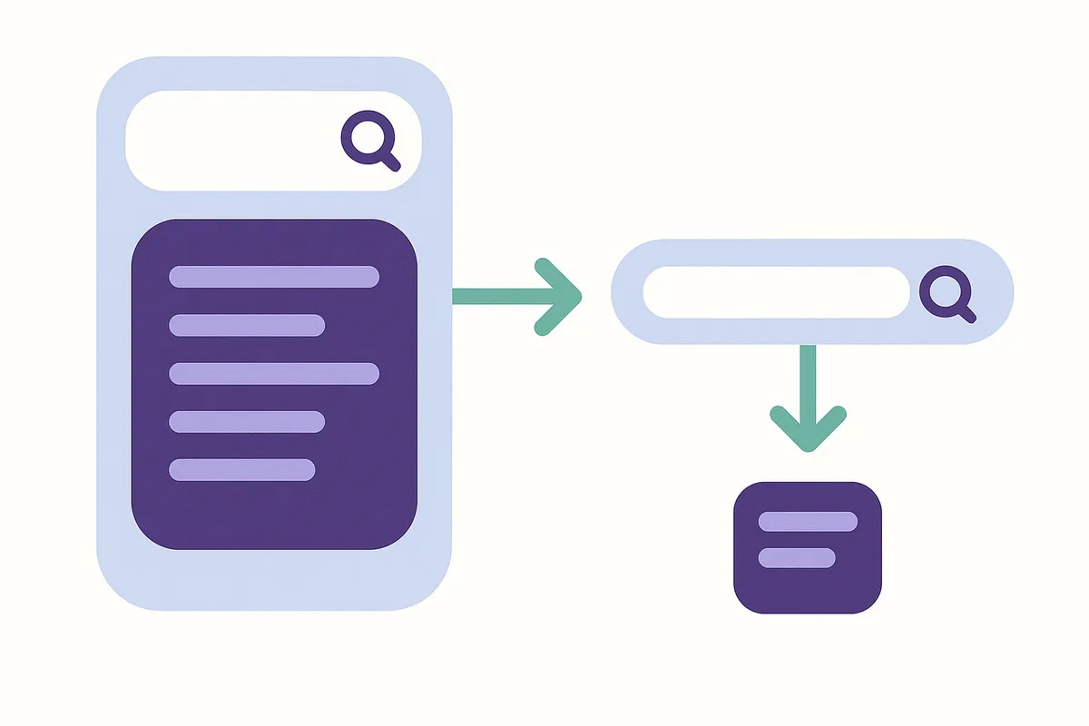 범용적인 짧은 검색어와 구체적인 긴 검색어의 결과 차이를 보여주는 일러스트