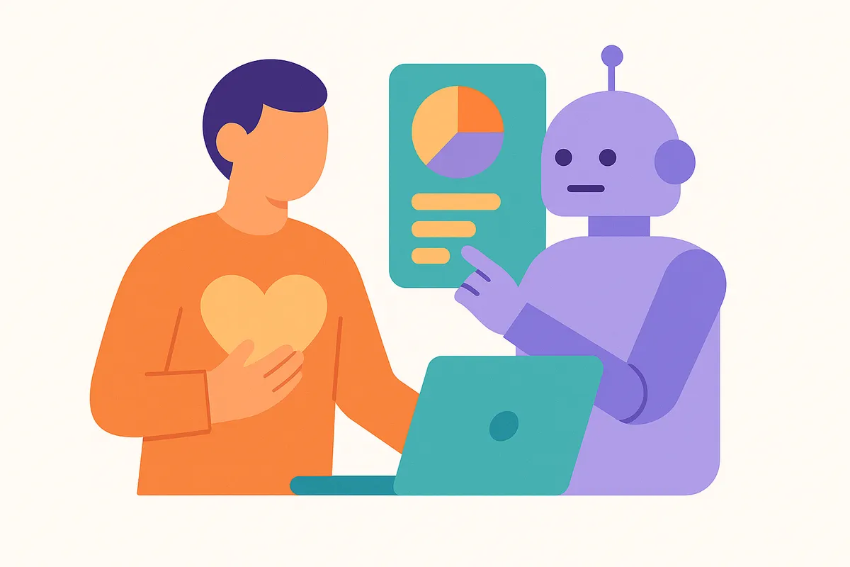 인간 상담사가 복잡한 문제를 처리하고 AI 챗봇이 반복적인 작업을 돕는 인간과 AI의 시너지를 보여주는 일러스트