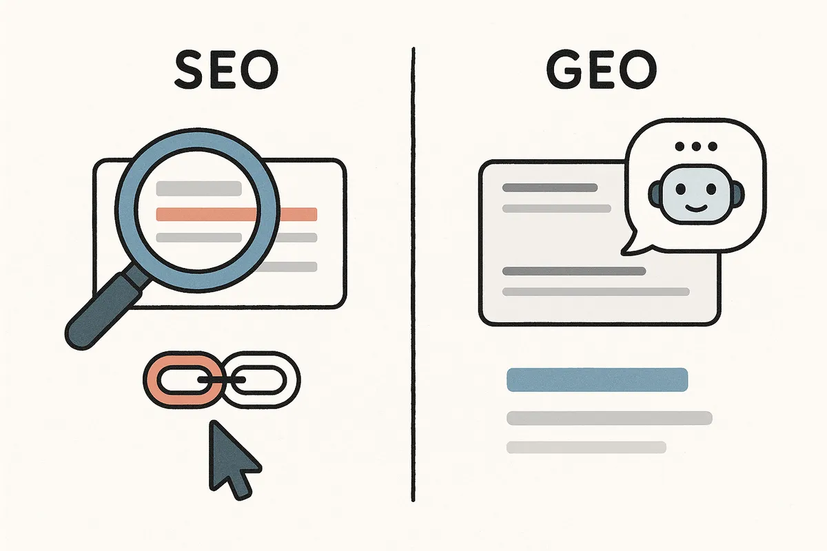 SEO와 GEO 최적화 전략의 주요 차이점을 시각적으로 비교하는 인포그래픽