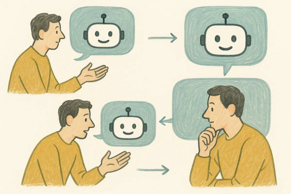 AI 챗봇과의 대화 3단계를 보여주는 일러스트레이션: 질문, 맥락 추가, 대화 다듬기