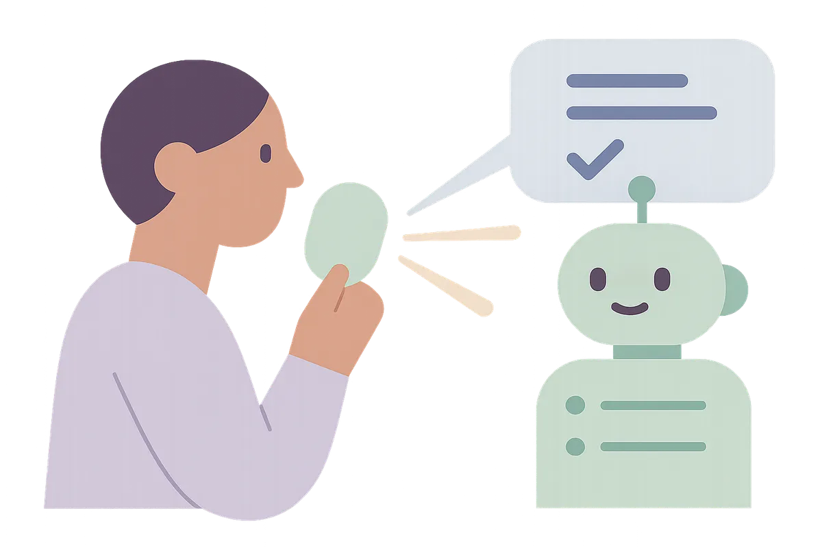 사람이 AI 챗봇에게 프롬프트를 입력하고 AI가 이를 이해하여 답변하는 모습의 일러스트