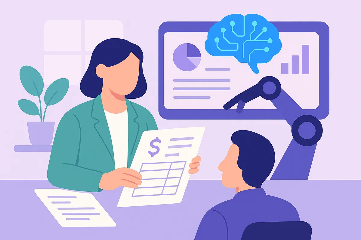 세무 전문가와 AI가 협력하여 복잡한 세금 서류를 처리하는 모습