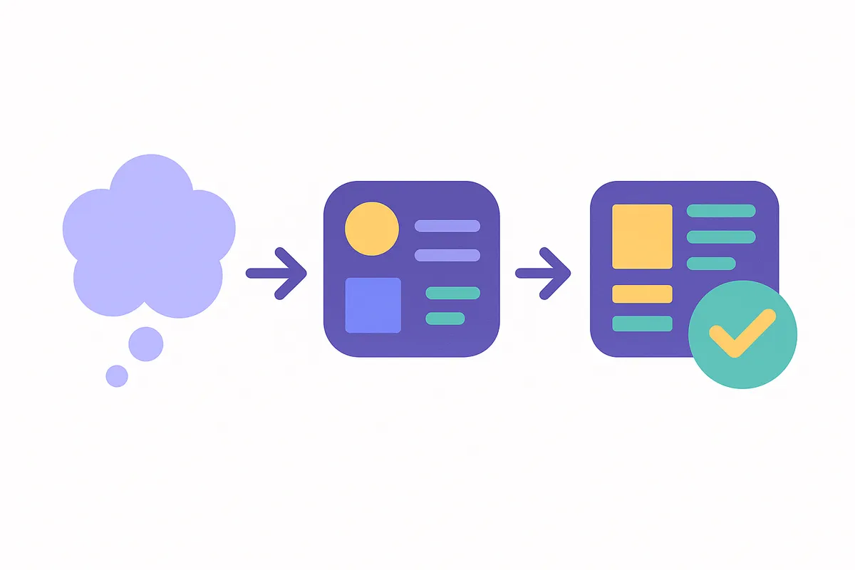 AI 프롬프트 최적화의 3단계 과정을 보여주는 일러스트레이션: 모호한 입력에서 구체적이고 다단계적인 입력으로 발전하여 효율적인 고품질 출력을 얻는 모습