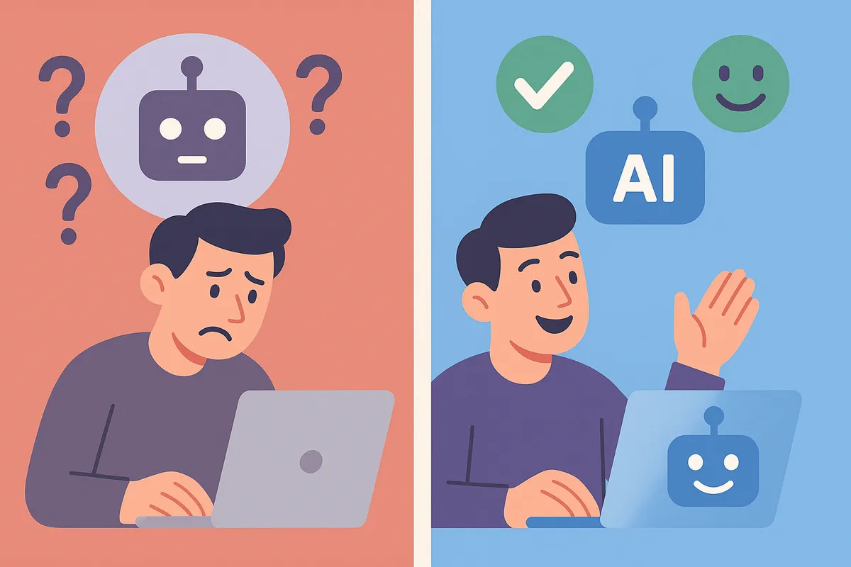 답변에 만족하지 못하는 사용자와 만족하는 사용자를 대비하여 보여주는 AI 챗봇 사용 경험 일러스트