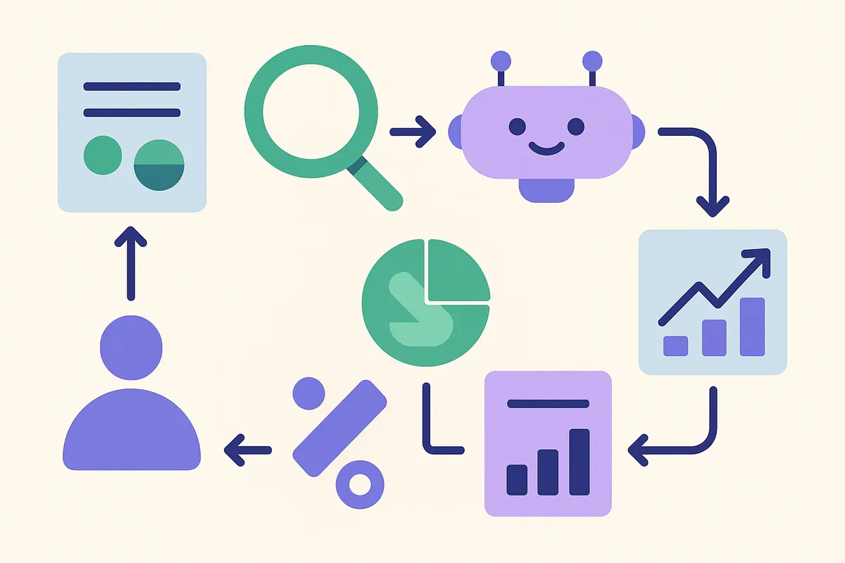 AI 챗봇을 활용한 5단계 시장 분석 워크플로우를 보여주는 일러스트레이션
