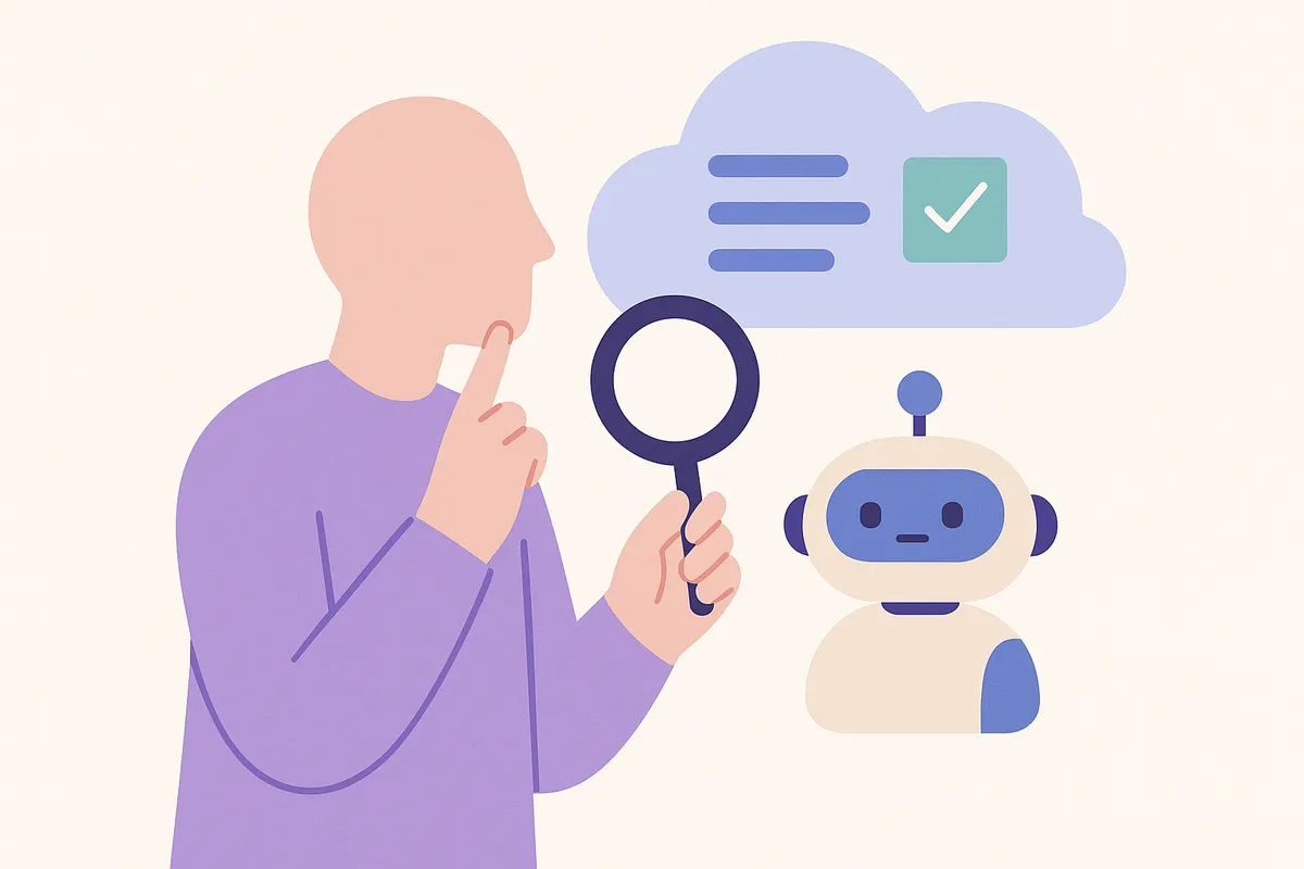 AI가 생성한 정보를 인간이 검토하고 판단하는 모습을 나타내는 일러스트레이션