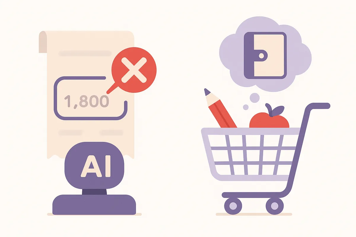 AI가 희미한 영수증 숫자를 잘못 인식하거나, 복합적인 구매 내역을 한 가지 카테고리로 잘못 분류하는 오류를 시각적으로 보여주는 일러스트