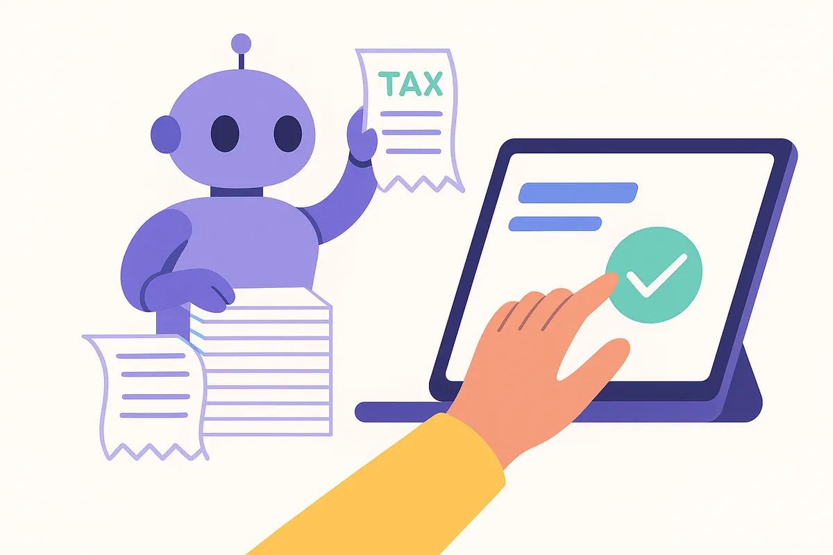 프리랜서가 AI가 정리한 영수증 데이터를 검토하며 협업하는 모습을 보여주는 일러스트