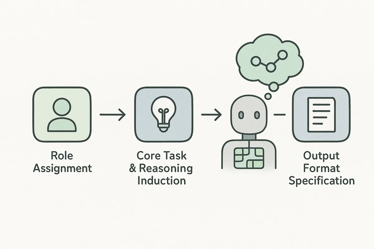 AI 프롬프트 엔지니어링의 3가지 핵심 원리(역할 부여, 추론 유도, 출력 형식 지정)를 시각화한 인포그래픽